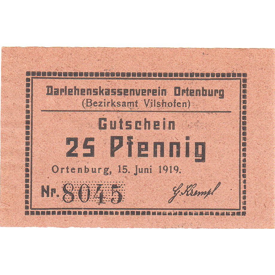 Geldschein, Deutschland, Ortenburg, 25 Pfennig, Texte 3, 1919, 1919-06-15, UNZ-