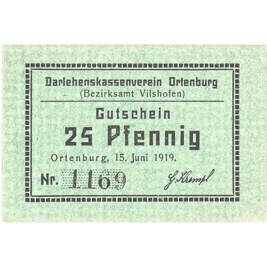 Geldschein, Deutschland, Ortenburg, 25 Pfennig, Texte 4, 1919, 1919-06-15, UNZ-