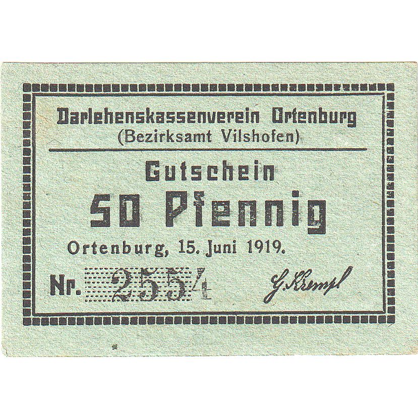 Geldschein, Deutschland, Ortenburg, 50 Pfennig, Texte, 1919, 1919-06-15, UNZ-