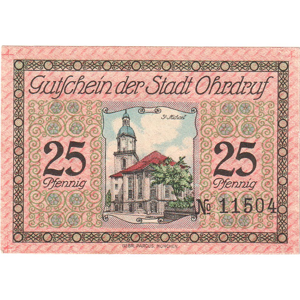 Banknot, Niemcy, Ohrdruf, 25 Pfennig, Eglise, 1921, 1921-03-01, UNC(63)