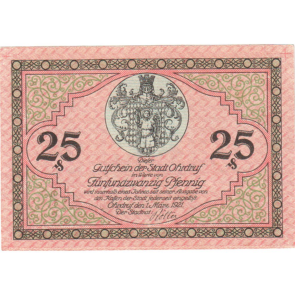 Banknot, Niemcy, Ohrdruf, 25 Pfennig, Eglise, 1921, 1921-03-01, UNC(63)