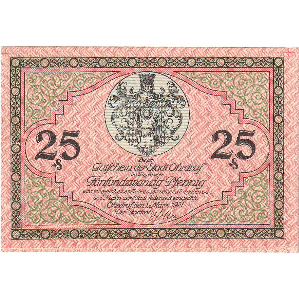 Banknot, Niemcy, Ohrdruf, 25 Pfennig, Eglise 1, 1921, 1921-03-01, UNC(63)