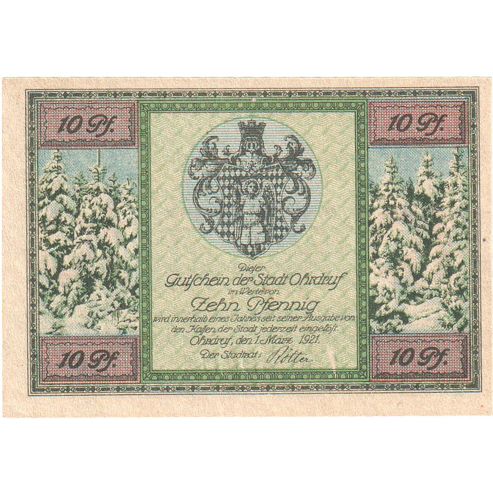Banknot, Niemcy, Ohrdruf, 10 Pfennig, Monument, 1921, 1921-03-01, UNC(63)