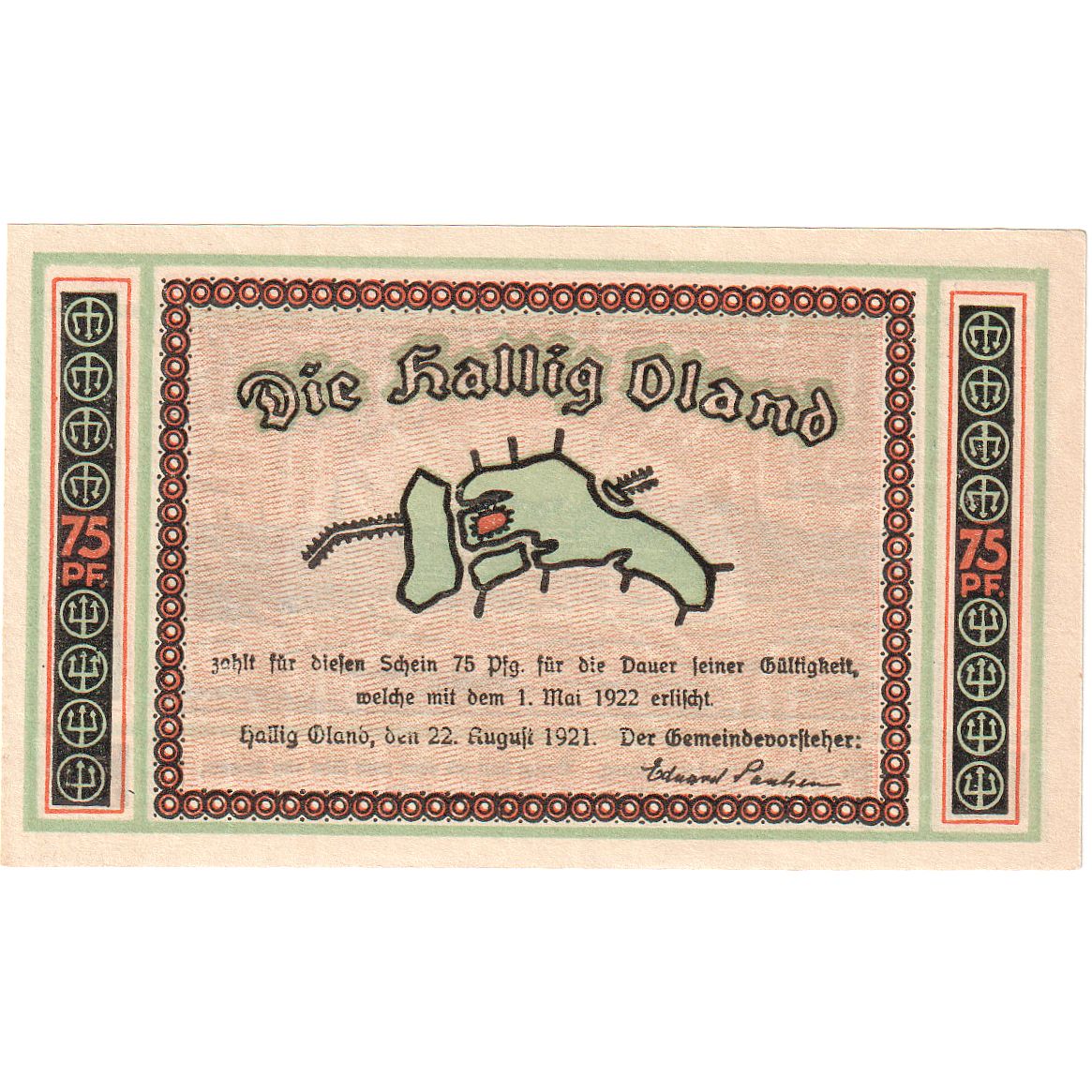 Geldschein, Deutschland, Oland, Hallig Gemeinde, 75 Pfennig, paysage, 1922