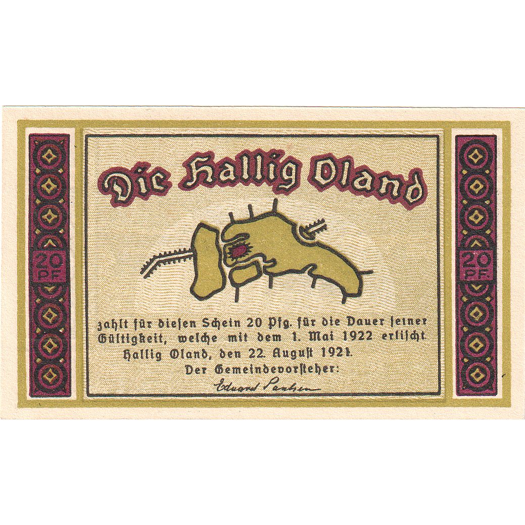 Geldschein, Deutschland, Oland, Hallig Gemeinde, 20 Pfennig, paysage, 1922