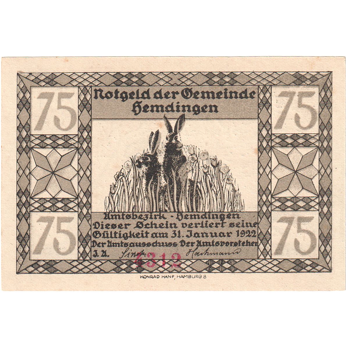 Banknot, Niemcy, Hemdingen Gemeinde, 75 Pfennig, Animaux, 1922, 1922-01-31