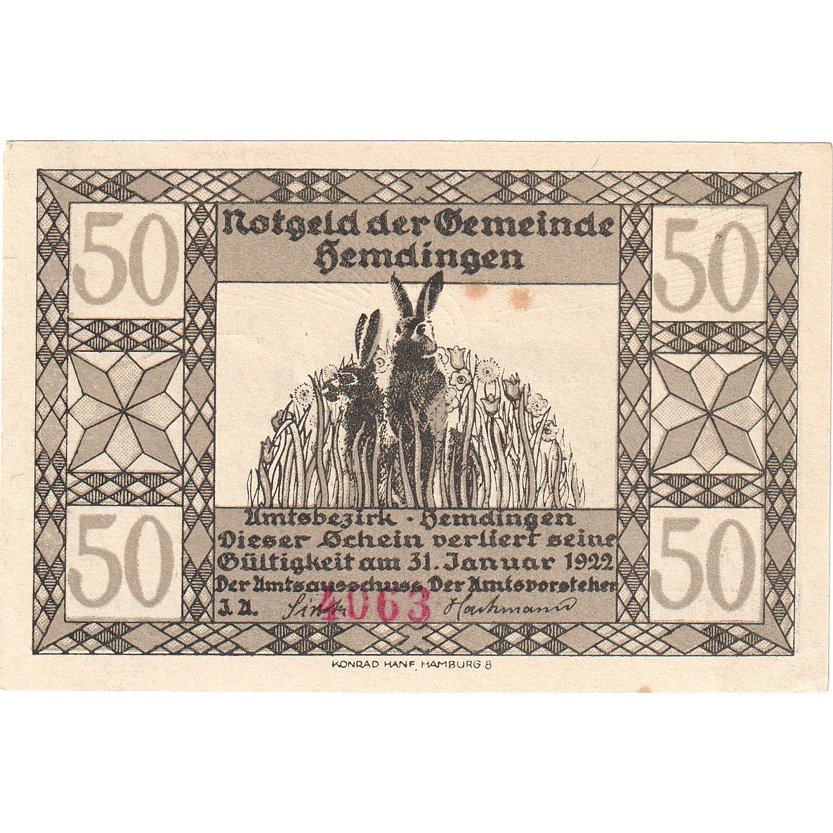 Geldschein, Deutschland, Hemdingen Gemeinde, 50 Pfennig, Animaux, 1922