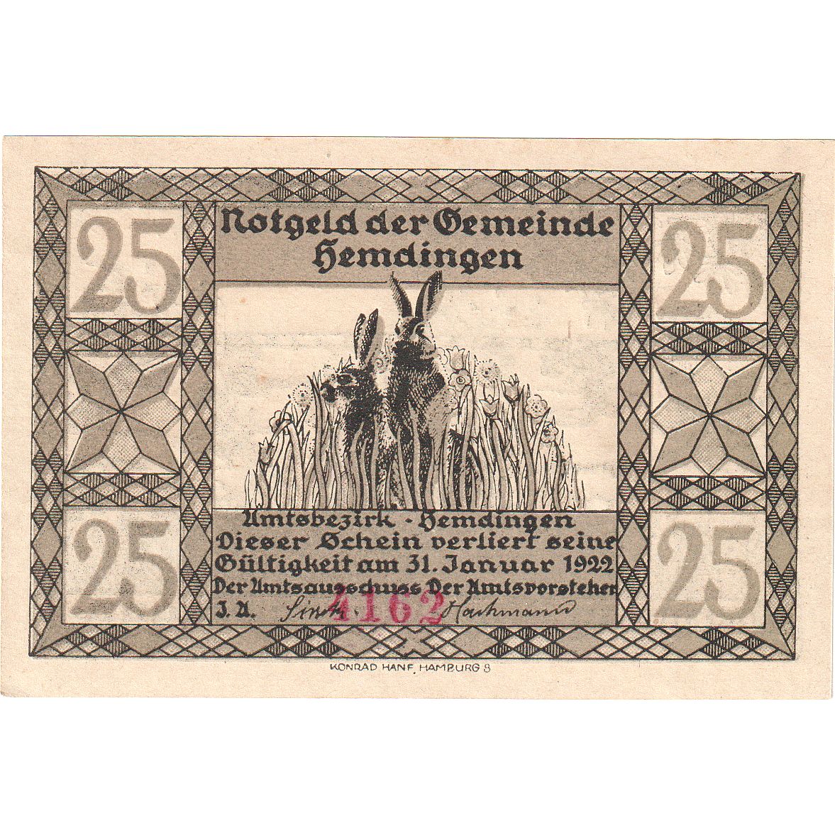 Banknot, Niemcy, Hemdingen Gemeinde, 25 Pfennig, Animaux, 1922, 1922-01-31