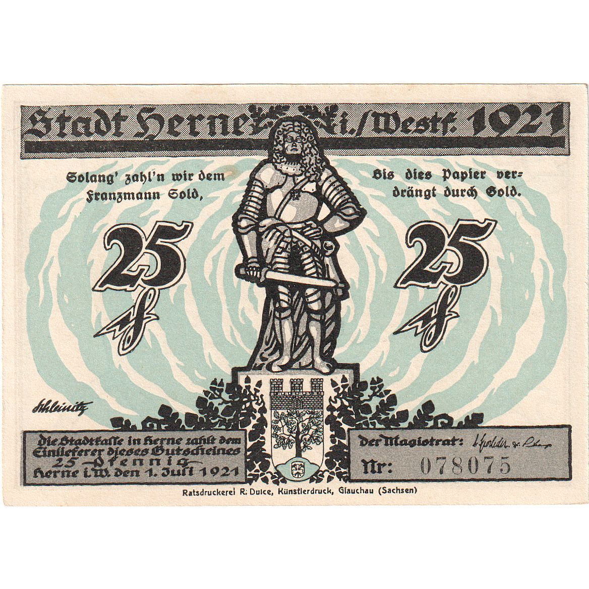 Billete, Alemania, Herne Stadt, 25 Pfennig, paysage, 1921, 1921-07-01, SC+
