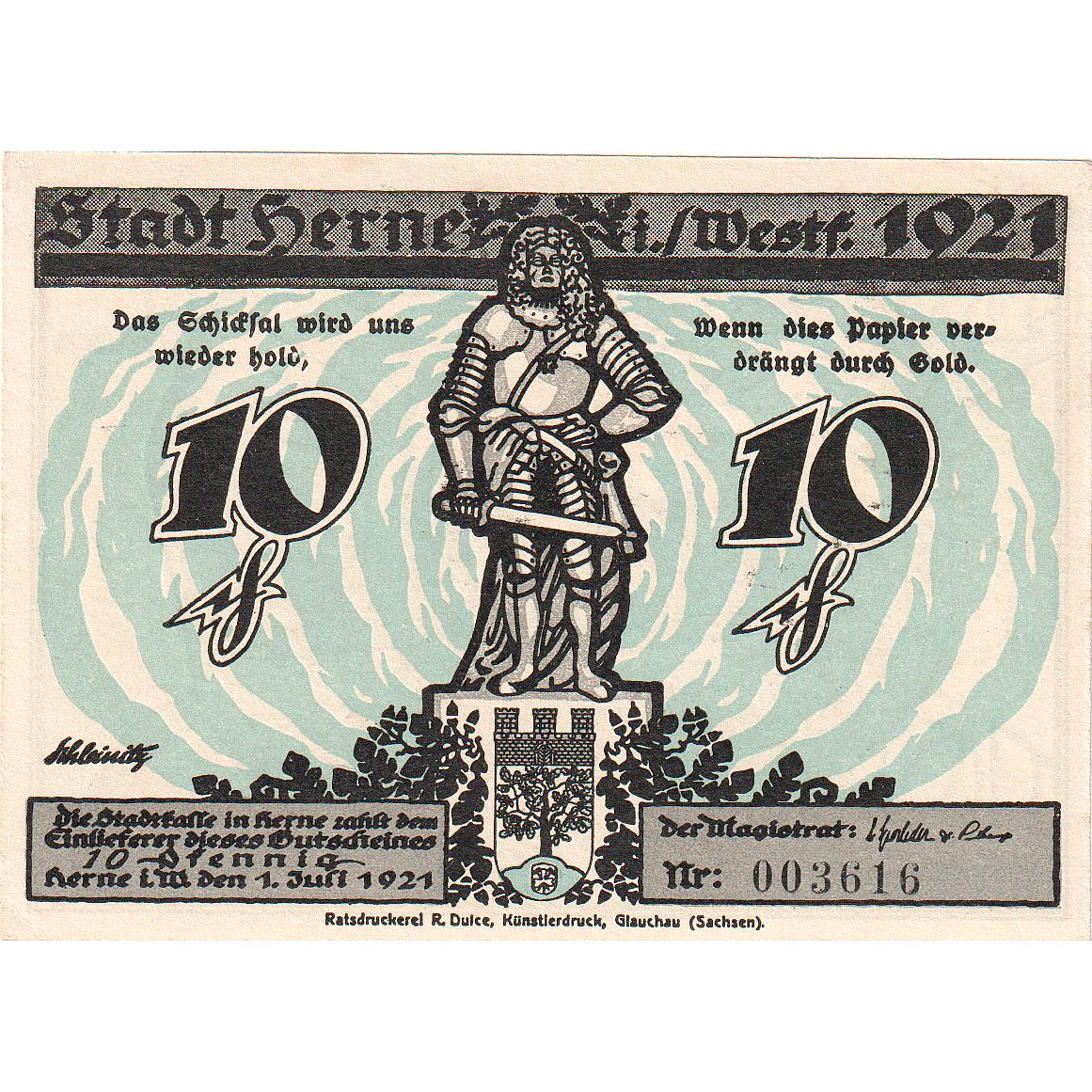Billete, Alemania, Herne Stadt, 10 Pfennig, paysage, 1921, 1921-07-01, SC+