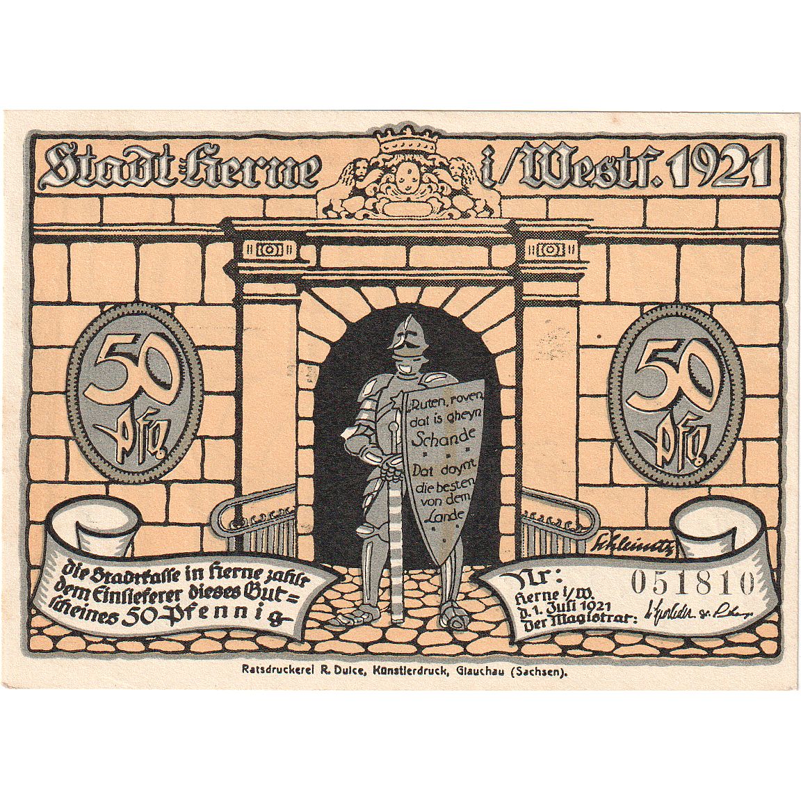 Banconote, Germania, Herne, 50 Pfennig, personnage, 1921, 1921-07-01, SPL