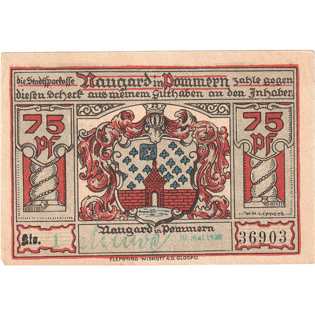 Banknot, Niemcy, Naugard, 75 Pfennig, manoir 2, O.D, UNC(63), Mehl:923.1