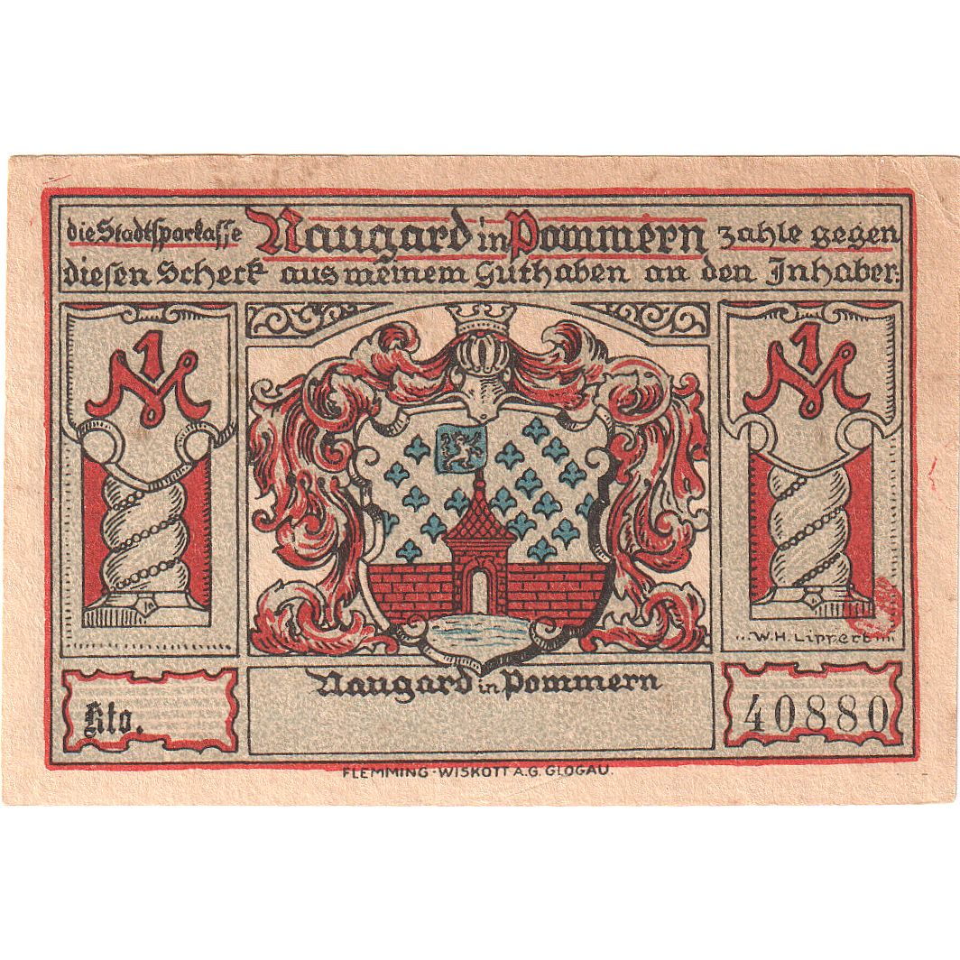 Geldschein, Deutschland, Naugard, 1 Mark, église 3, O.D, UNZ-, Mehl:923.1