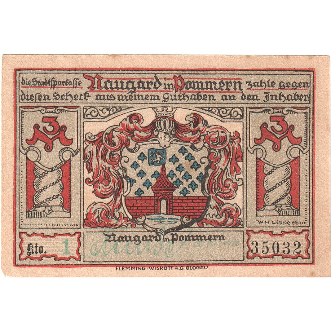 Banknot, Niemcy, Naugard, 3 Mark, village, O.D, UNC(63), Mehl:923.1