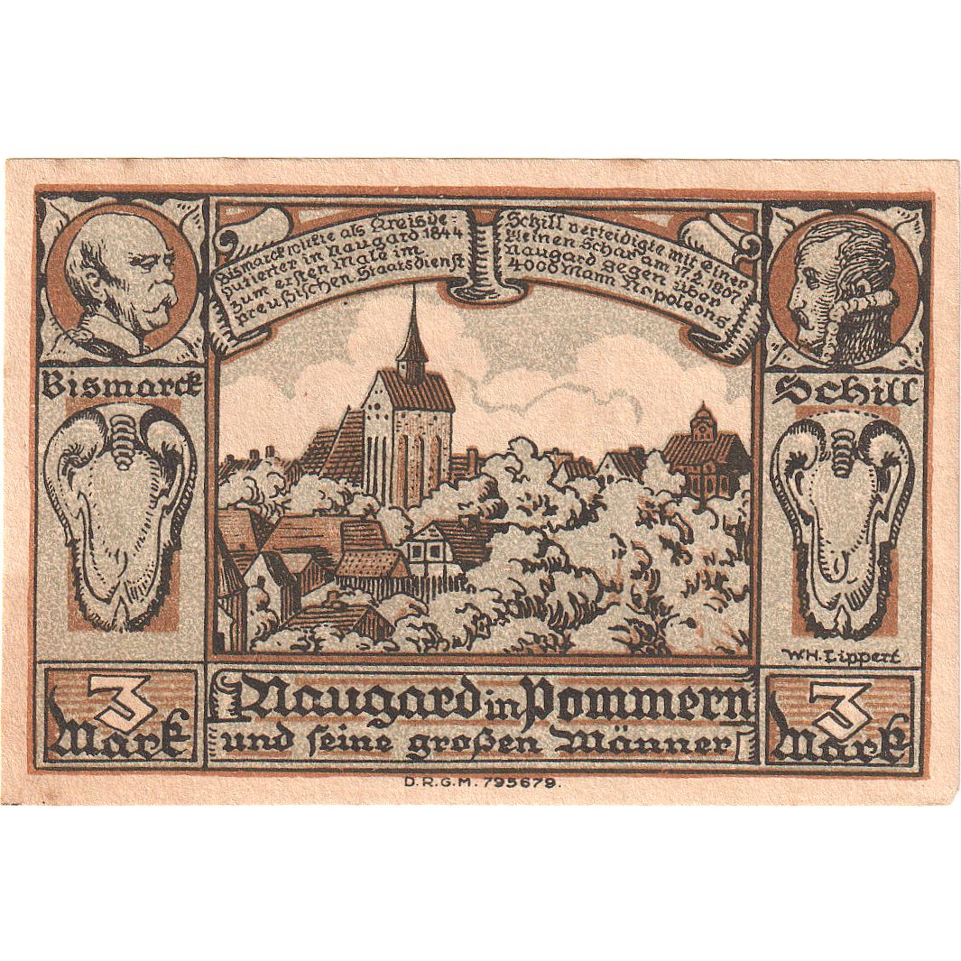 Banknot, Niemcy, Naugard, 3 Mark, village, O.D, UNC(63), Mehl:923.1