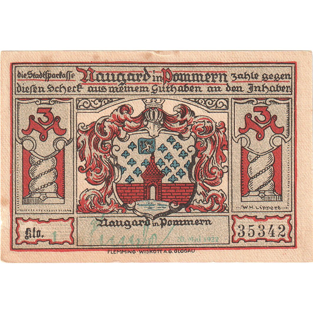 Banknot, Niemcy, Naugard, 3 Mark, village 1, O.D, UNC(63), Mehl:923.1
