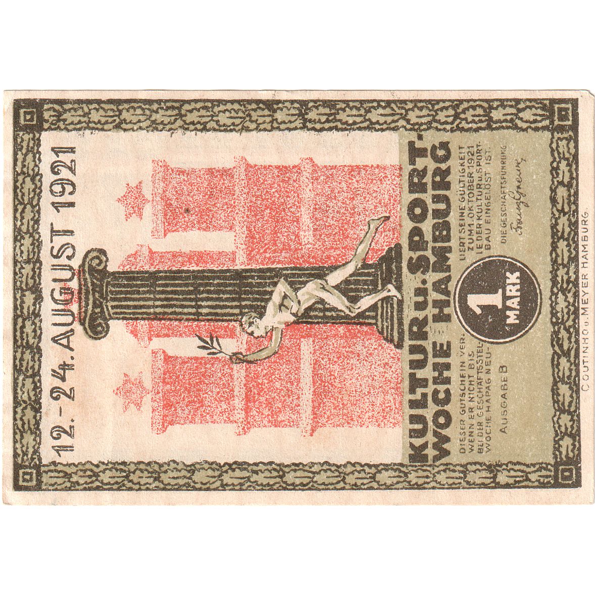 Banconote, Germania, Hamburg, 1 Mark, Ecusson, 1921, 1921-08-12, FDS, Mehl:539.1