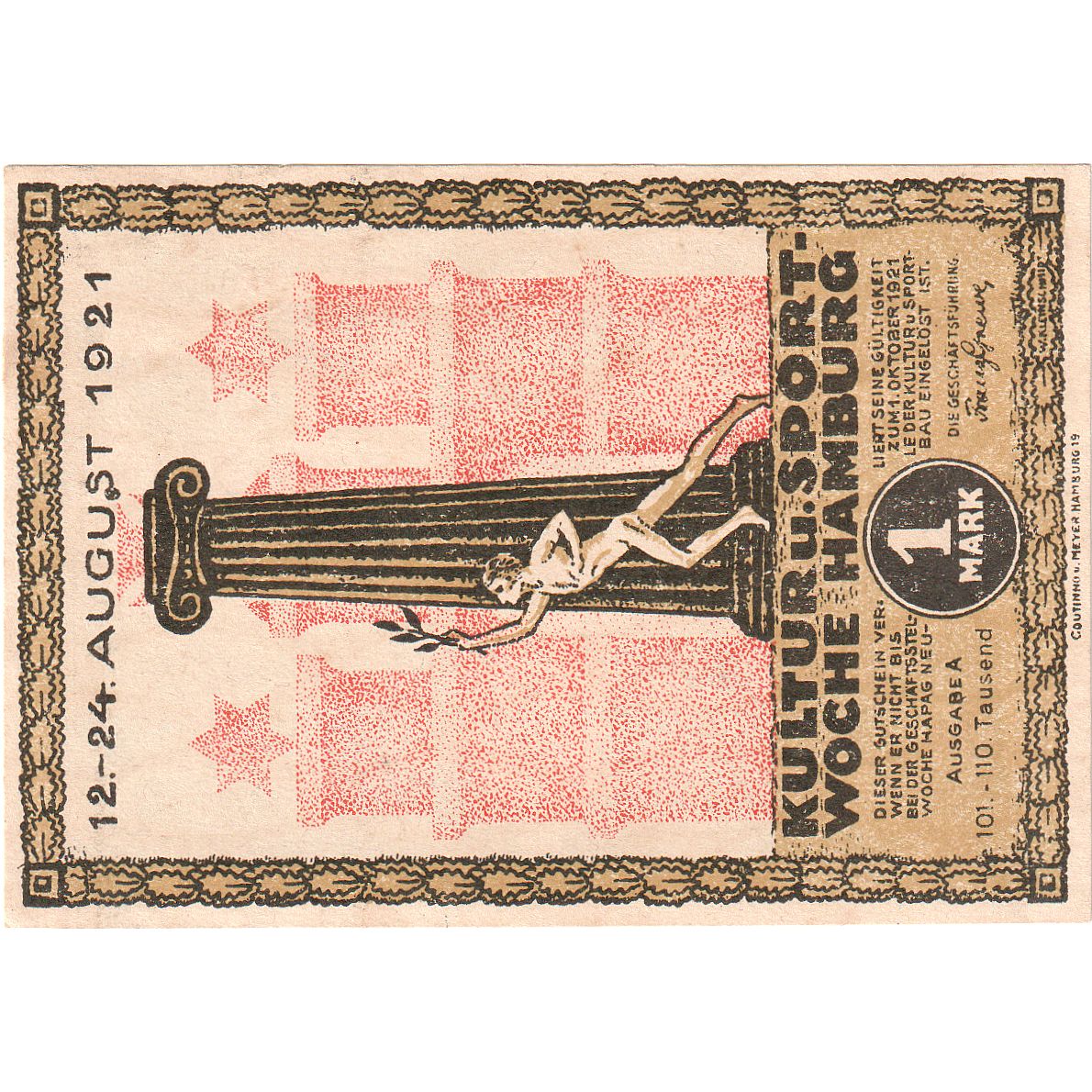Banknot, Niemcy, Hamburg, 1 Mark, Statue 1, 1921, 1921-08-12, UNC(65-70)