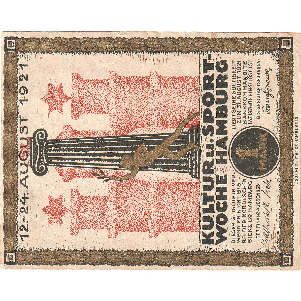 Geldschein, Deutschland, Hamburg, 1 Mark, personnage, 1921, 1921-08-12, UNZ