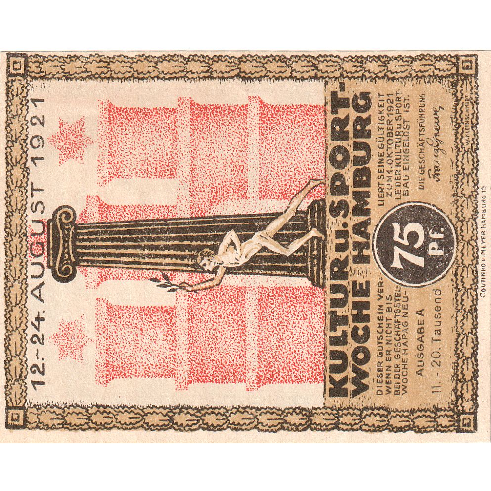 Geldschein, Deutschland, Hamburg, 75 Pfennig, monument 4, 1921, 1921-08-12