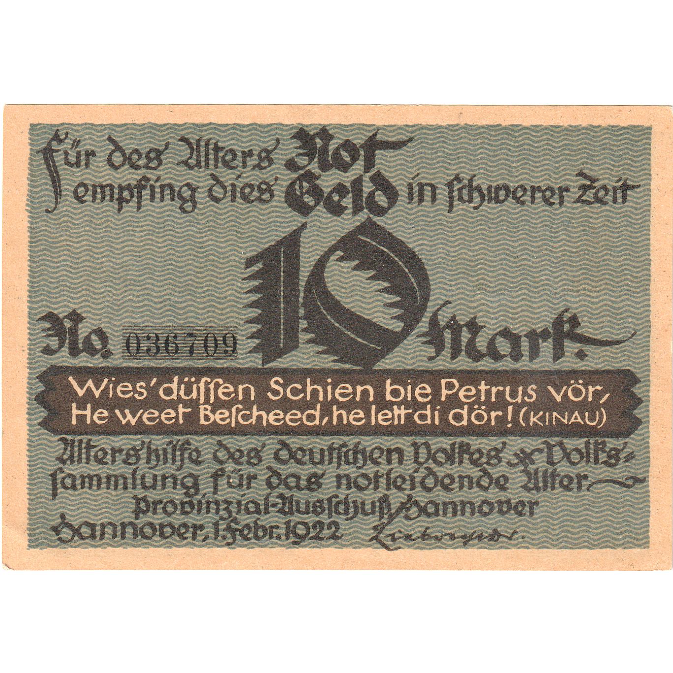 Banknot, Niemcy, Hannover, 10 Mark, portrait, 1922, 1922-02-01, UNC(63)