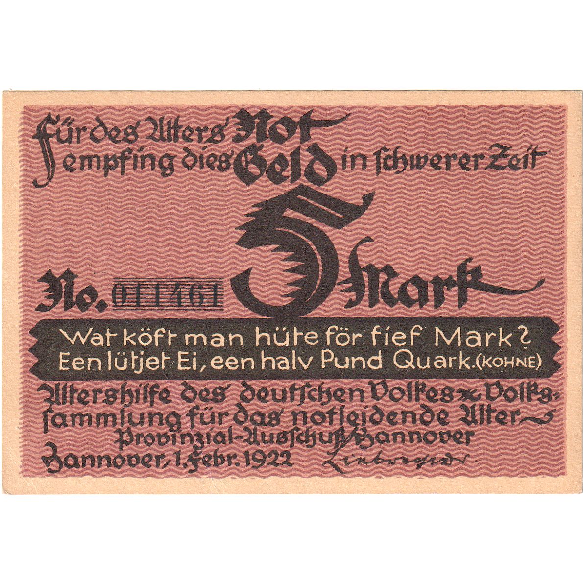 Billete, Alemania, Hannover, 5 Mark, personnage 1, 1922, 1922-02-01, UNC