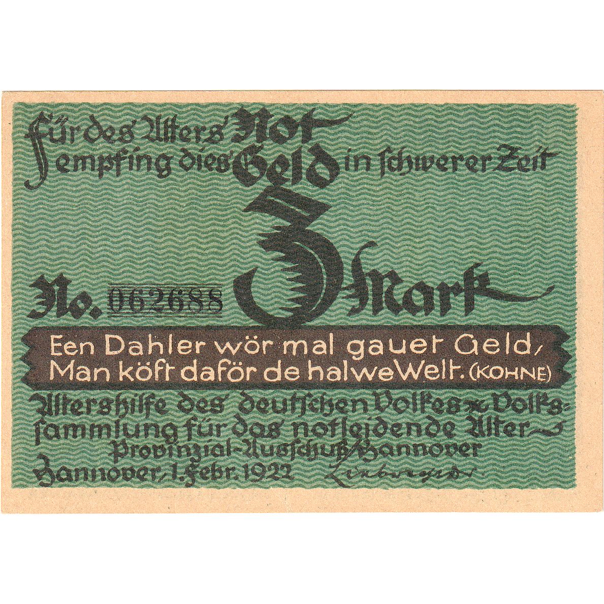Banknot, Niemcy, Hannover, 3 Mark, personnage, 1922, 1922-02-01, UNC(65-70)
