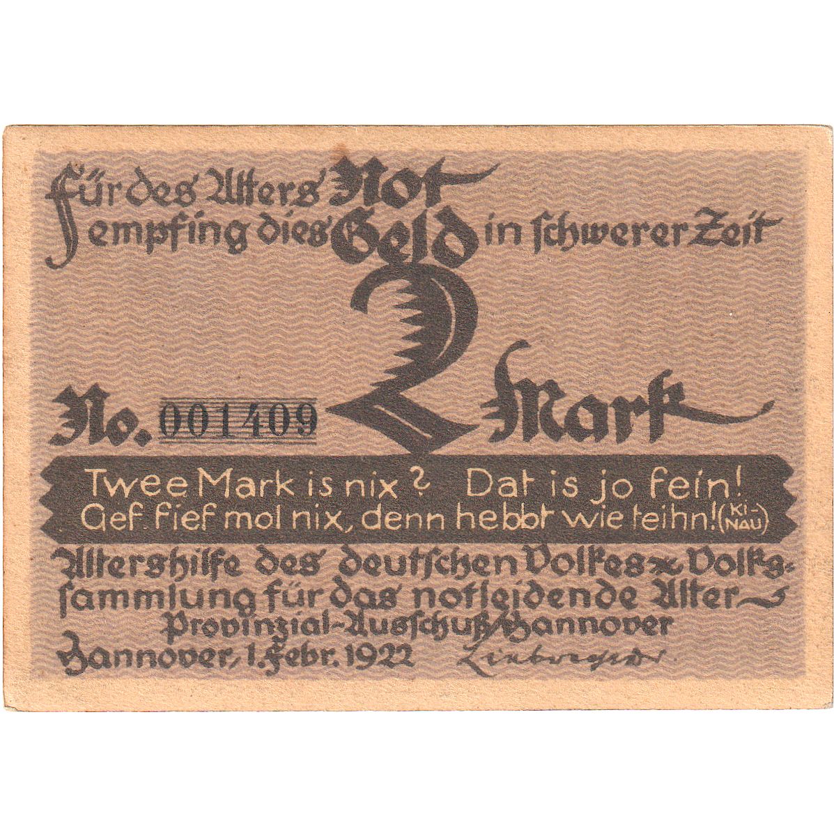 Banknot, Niemcy, Hannover, 2 Mark, personnage 1, 1922, 1922-02-01, UNC(65-70)