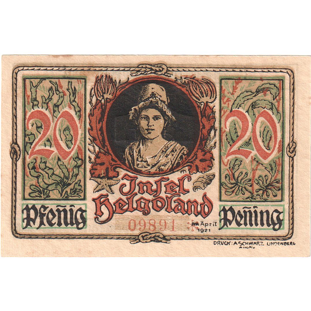 Banknote, Germany, Helgoland, 20 Pfennig, personnage, 1921, UNC(65-70)