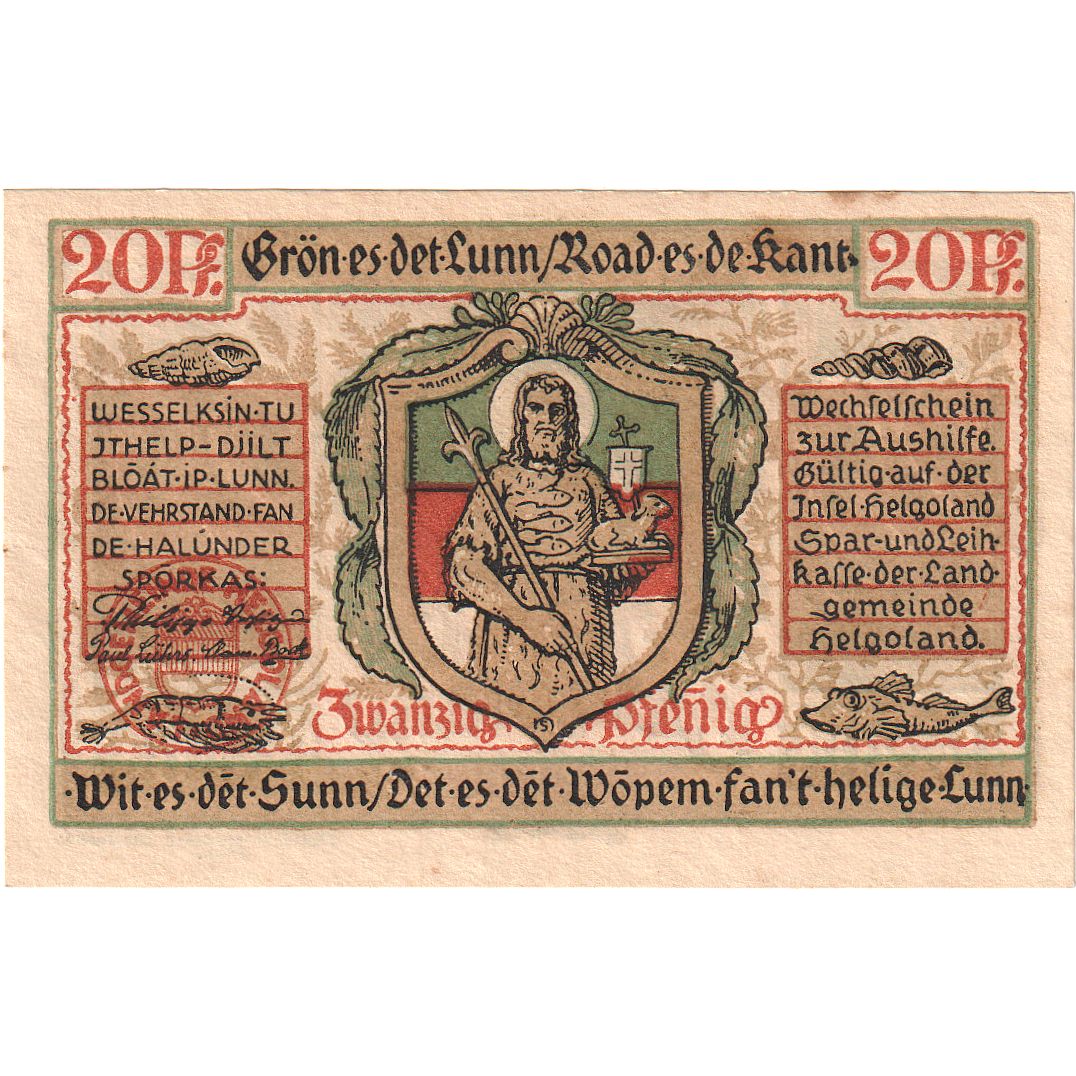 Banknote, Germany, Helgoland, 20 Pfennig, personnage, 1921, UNC(65-70)