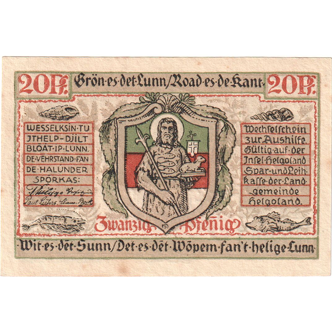 Banknot, Niemcy, Helgoland, 20 Pfennig, personnage, 1921, UNC(65-70)