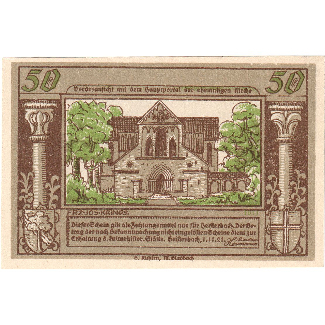 Alemanha, Heisterbach, 50 Pfennig, 1921-07-31, UNC(63)