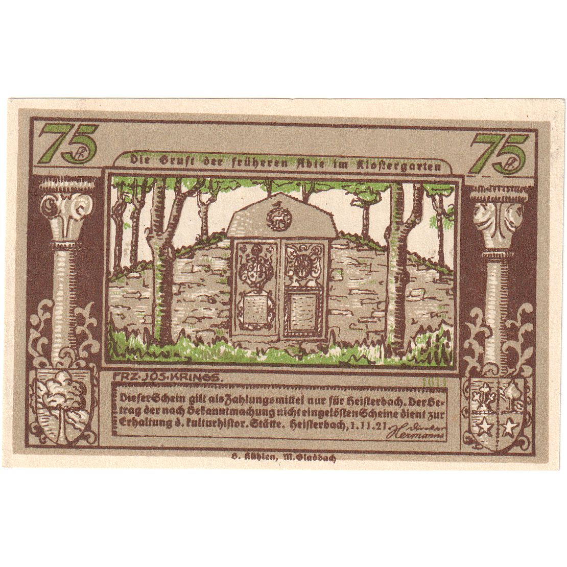 Banknot, Niemcy, Heisterbach, 75 Pfennig, Monument, 1921, 1921-11-09, UNC(63)