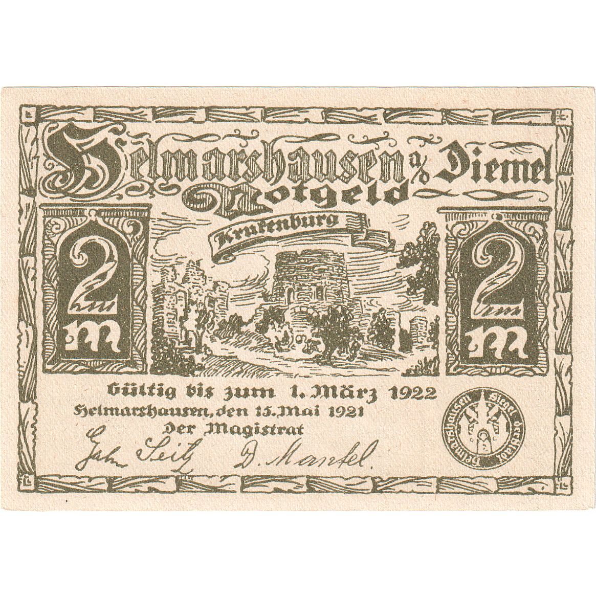 Geldschein, Deutschland, Helmarshausen, 2 Mark, mort, 1921, 1921-05-15, UNZ