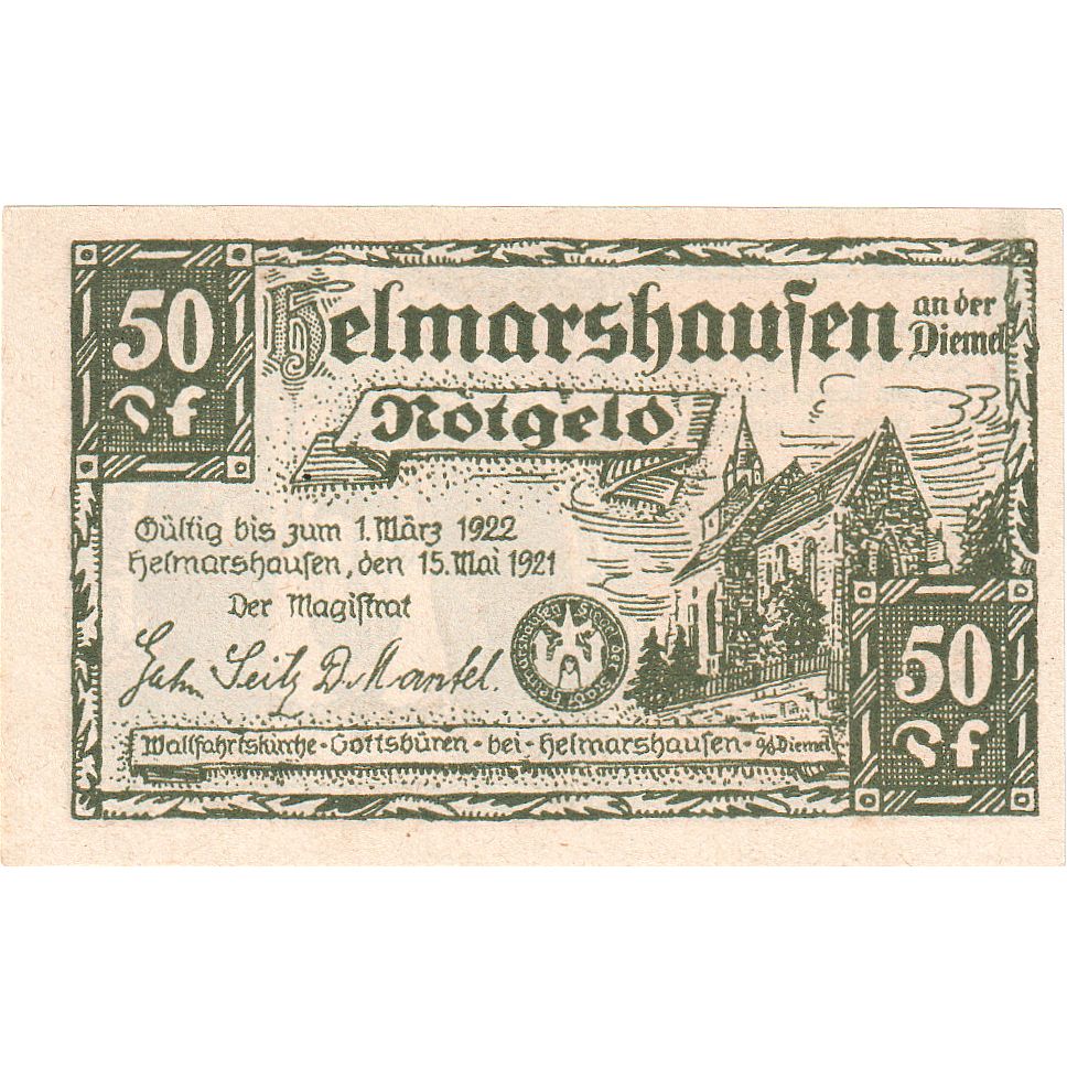 Banknot, Niemcy, Helmarshausen, 50 Pfennig, mort, 1921, 1921-05-15, UNC(65-70)