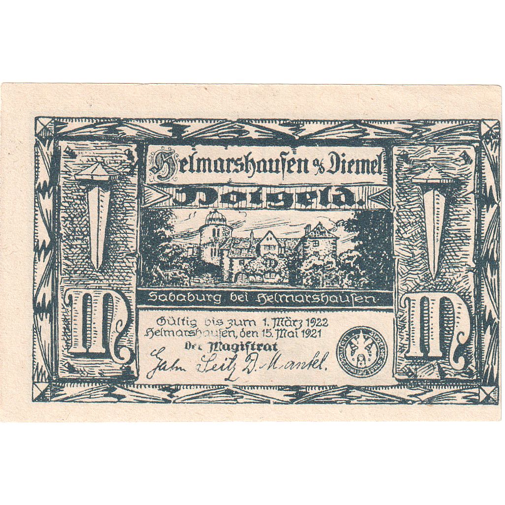 Geldschein, Deutschland, Helmarshausen, 1 Mark, mort, 1921, 1921-05-15, UNZ