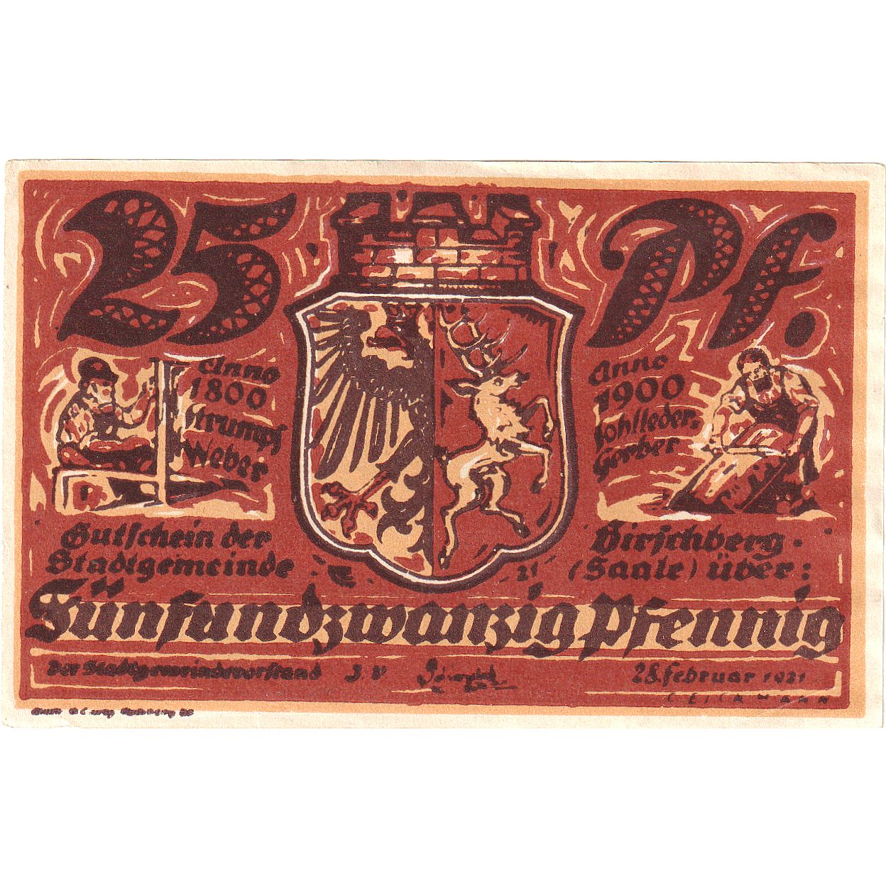 Geldschein, Deutschland, Hirschberg a.d. Saale Stadt, 25 Pfennig, paysage, 1921