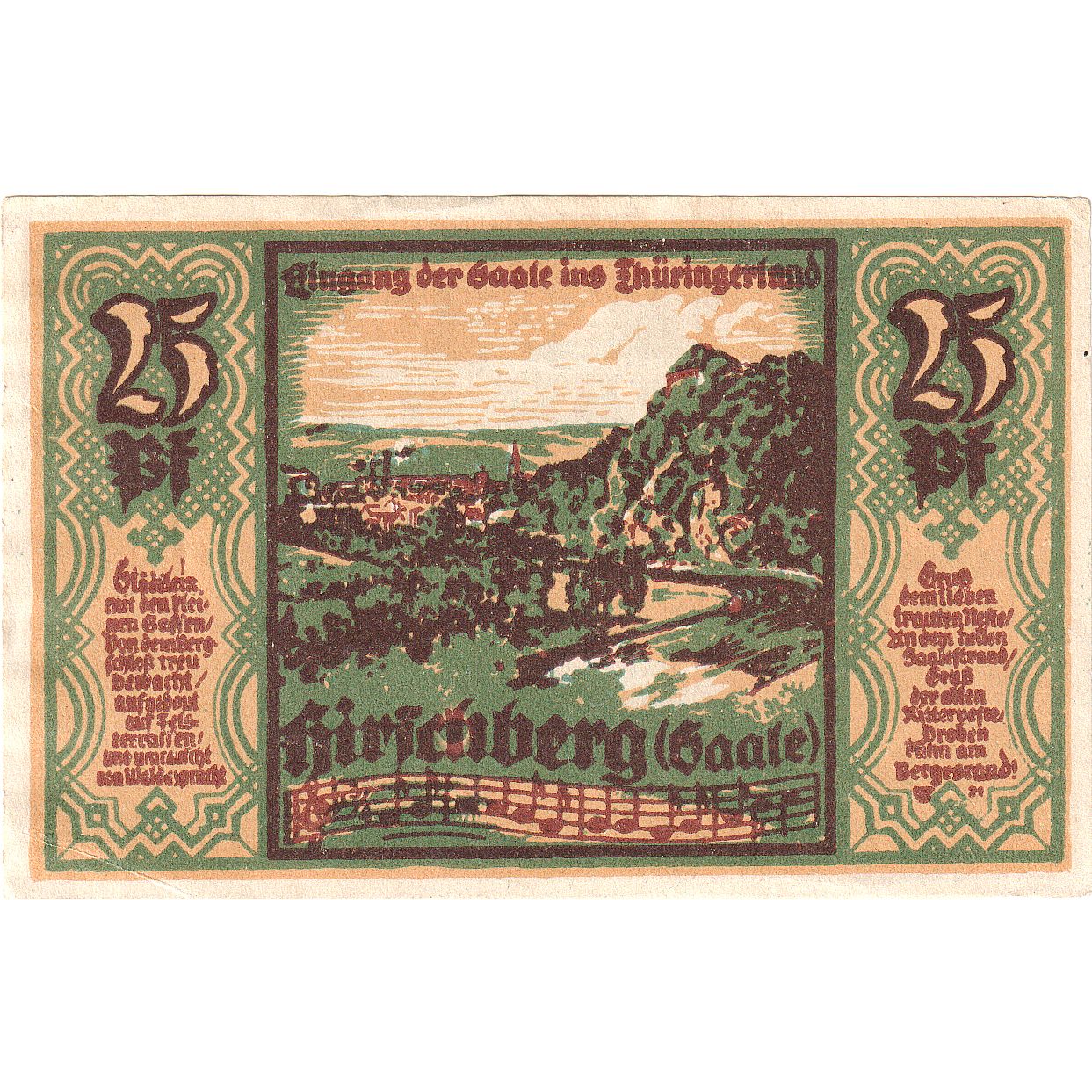 Geldschein, Deutschland, Hirschberg a.d. Saale Stadt, 25 Pfennig, paysage, 1921