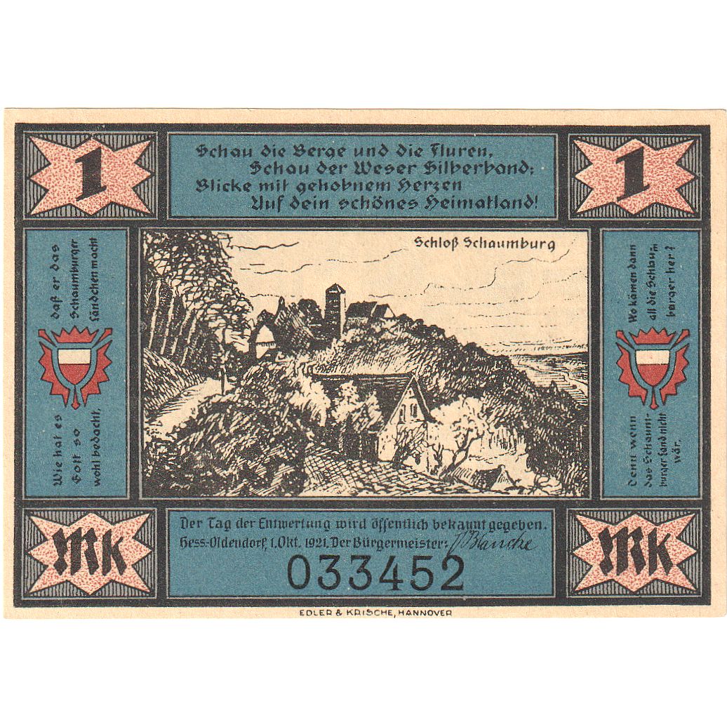 Geldschein, Deutschland, Hessisch Oldendorf, 1 Mark, personnage, 1921