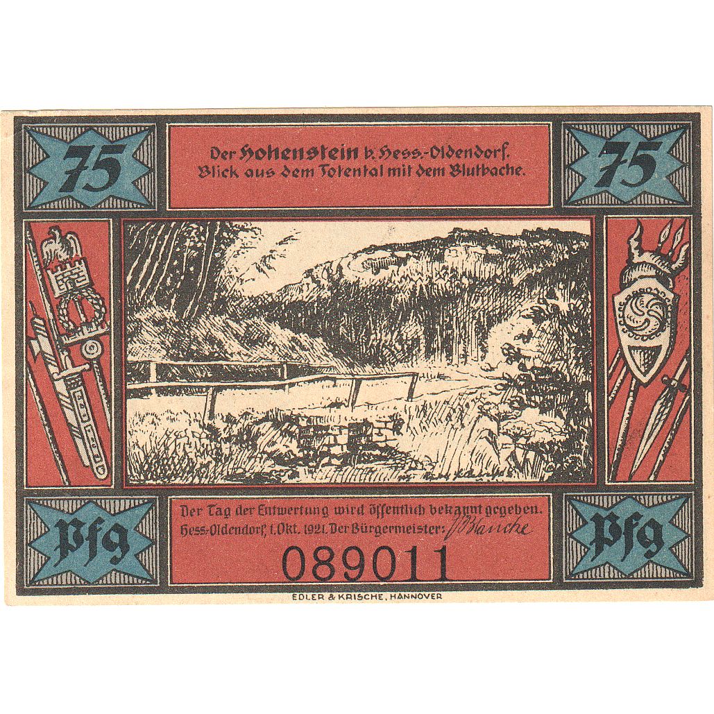 Banconote, Germania, Hessisch Oldendorf, 75 Pfennig, personnage, 1921