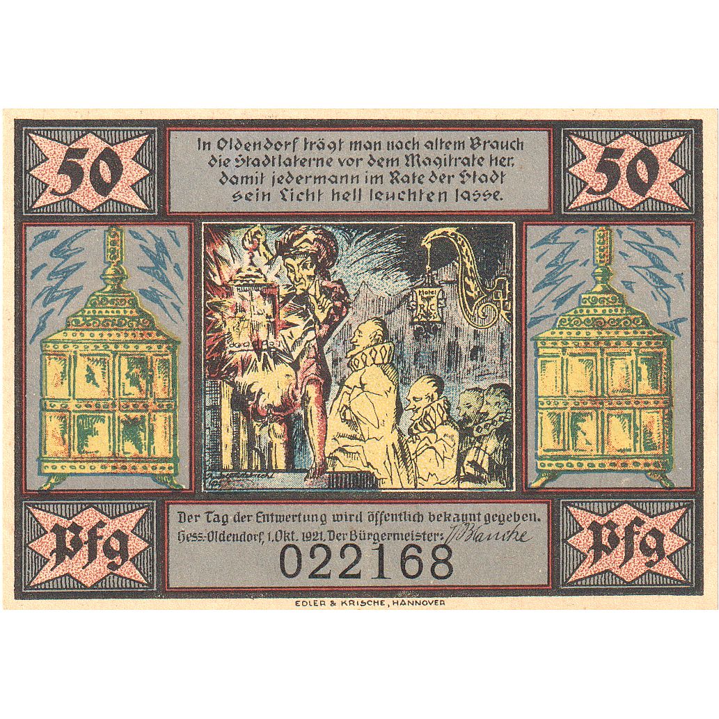 Banconote, Germania, Hessisch Oldendorf, 50 Pfennig, personnage, 1921