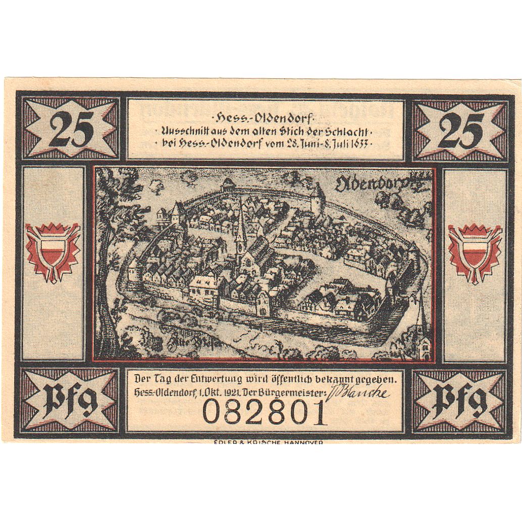 Banconote, Germania, Hessisch Oldendorf, 25 Pfennig, personnage, 1921