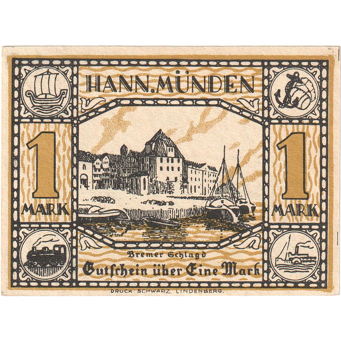 Banconote, Germania, Hann. Münden, 1 Mark, paysage, O.D, FDS, Mehl:578.1