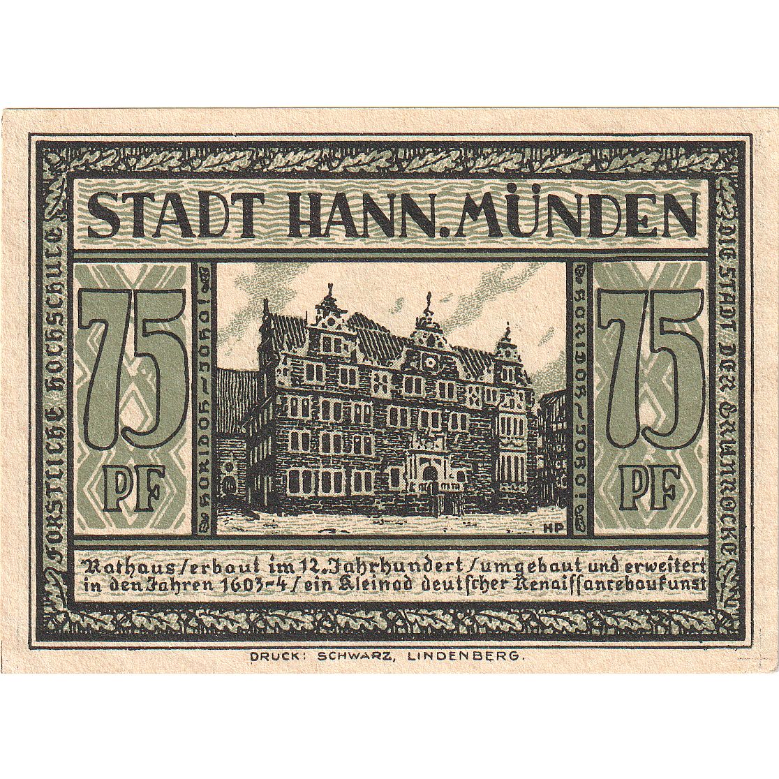 Geldschein, Deutschland, Hann. Münden, 75 Pfennig, personnage, O.D, UNZ