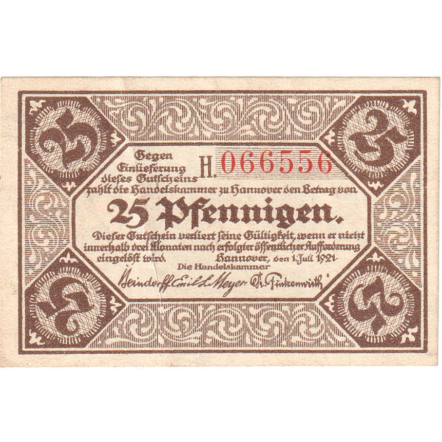 Banknot, Niemcy, Hannover, 25 Pfennig, Eglise, 1921, 1921-07-01, UNC(63)