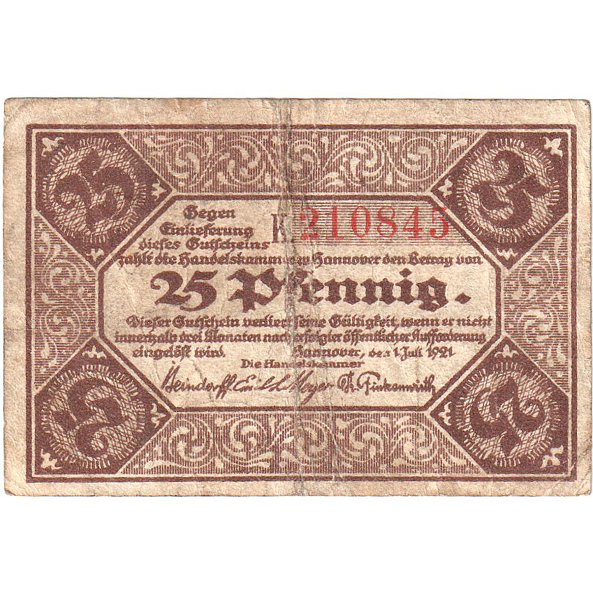 Banknot, Niemcy, Hannover, 25 Pfennig, Eglise, 1921, 1921-07-01, AU(55-58)