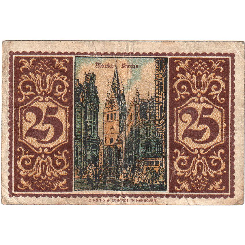 Banknot, Niemcy, Hannover, 25 Pfennig, Eglise, 1921, 1921-07-01, AU(55-58)