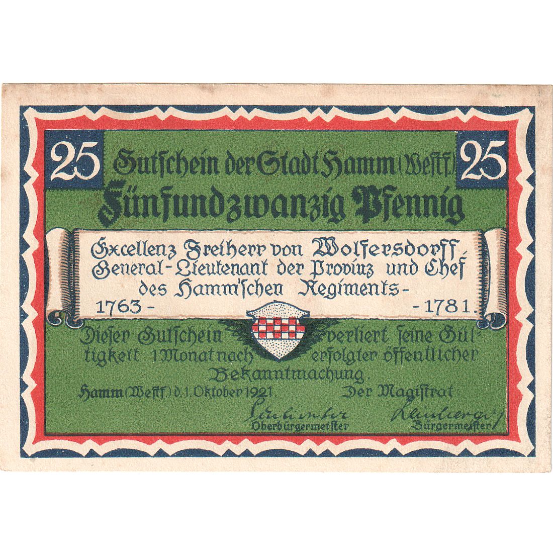 Billet, Allemagne, Hamm, 25 Pfennig, personnage, 1921, 1921-10-01, NEUF