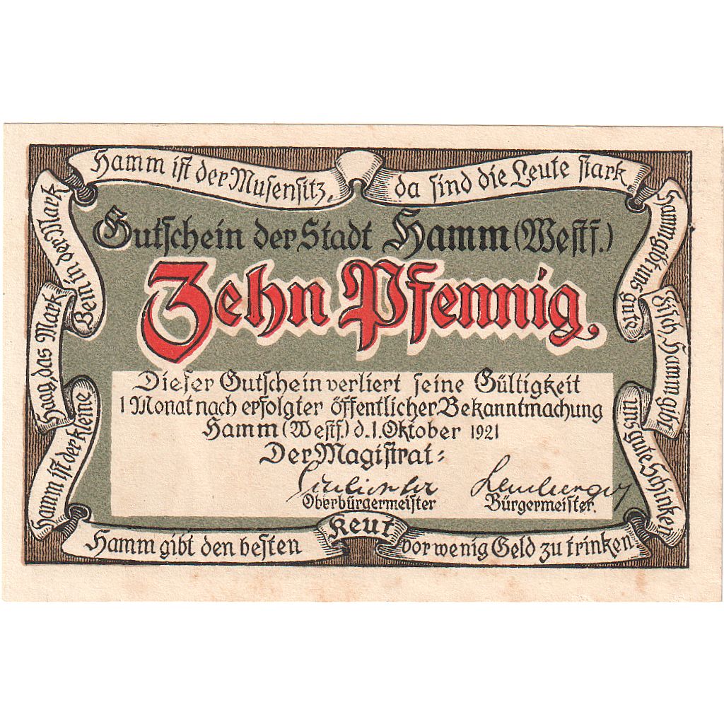 Banknot, Niemcy, Hamm, 10 Pfennig, personnage, 1921, 1921-10-01, UNC(65-70)