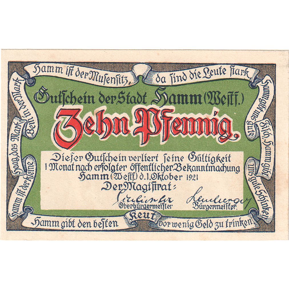 Geldschein, Deutschland, Hamm, 10 Pfennig, personnage 1, 1921, 1921-10-01, UNZ
